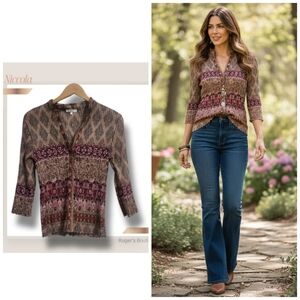 🌿Nicola Women's Large Button-down Front V-neck, Crinkle Stretch Boho Blouse